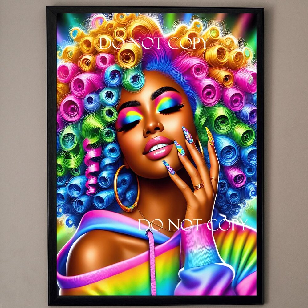 Colorful Afro Woman Pop Art – Vibrant Rainbow Curly Hair 8.5x11 Black Frame